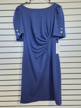 DKNY Navy Ruched Short Sleeve Midi Dress with Gold Buttons